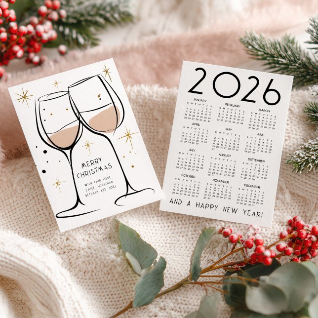 Cartes Pour Fêtes Annuelles Doodle Wine Glasses 2026 Calendar Merry Christmas (Front and back view)