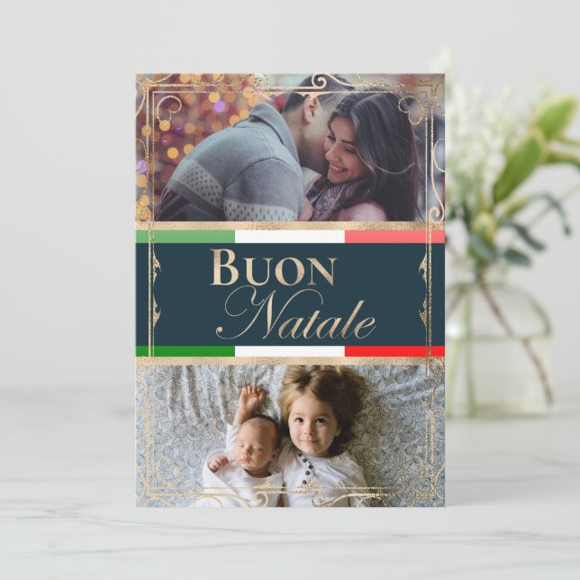 Cartes Pour Fêtes Annuelles Double Photo personnalisée Bouon Natale Noël itali (Debout devant)