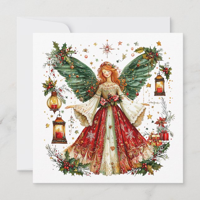 Cartes Pour Fêtes Annuelles Douce ange de Noël & lanternes allumées & baies (Devant)
