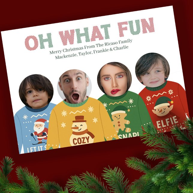 Cartes Pour Fêtes Annuelles Douleur de Noël moche Visage drôle Personnalisé (Ugly Christmas Sweater Funny Face Personalized Holiday Card by Ricaso. Add your own faces, fun cards)