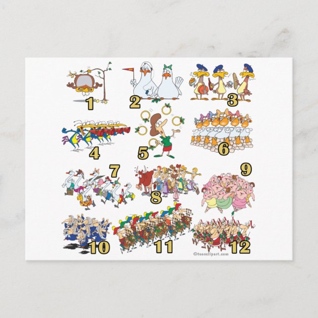 Cartes Pour Fêtes Annuelles douze jours chansons de noël dessin animé (Devant)