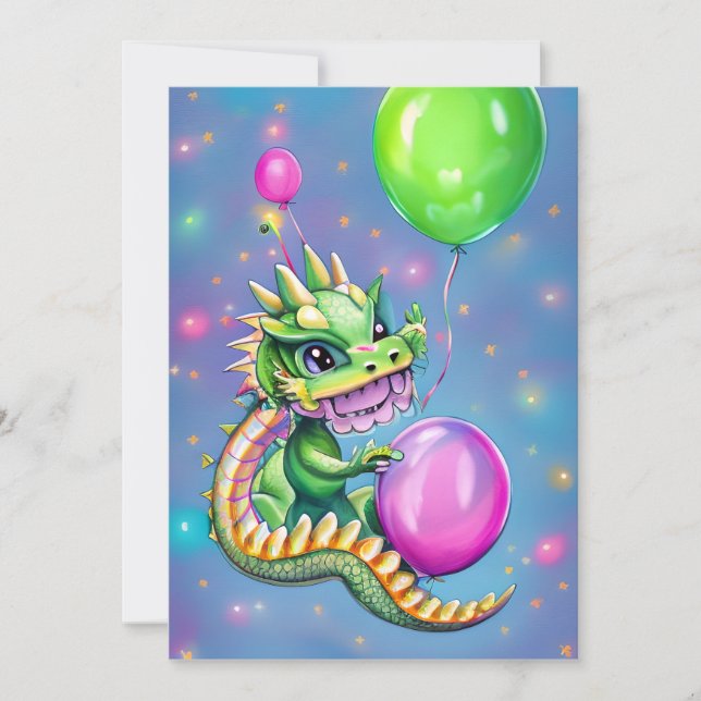 Cartes Pour Fêtes Annuelles Dragon d'anniversaire mignon avec ballons (Devant)