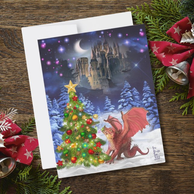 Cartes Pour Fêtes Annuelles Dragon tirant sur l'arbre de Noël (Créateur téléchargé)