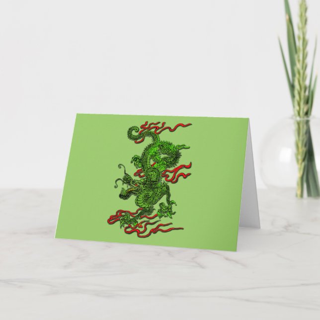 Cartes Pour Fêtes Annuelles Dragon vert avec les rubans rouges habillement et (Devant)