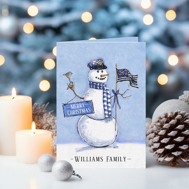 Cartes Pour Fêtes Annuelles Drapeau de la ligne mince bleue de la police Joyeu (Thin Blue Line Flag Snowman Police Officer Custom Family Name Merry Christmas Card.)