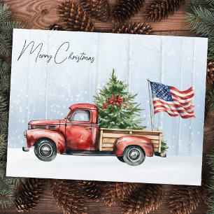 Cartes Pour Fêtes Annuelles Drapeau USA Patriotique Camion Rouge Noël Vintage