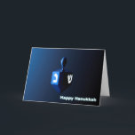 Cartes Pour Fêtes Annuelles Dreidel bleu brillant<br><div class="desc">Un rêve moderniste,  métallique,  bleu contre un arrière - plan sombre et nocturne. Deux des lettres hébraïques trouvées sur un dreidel,  une nonne et un shin,  brillent brillamment. Le texte "Happy Hanoukka" apparaît également en bleu et blanc brillant.</div>