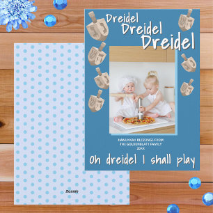 Cartes Pour Fêtes Annuelles Dreidel Rustic Oak Blue Photo Célébrer Hanoukka