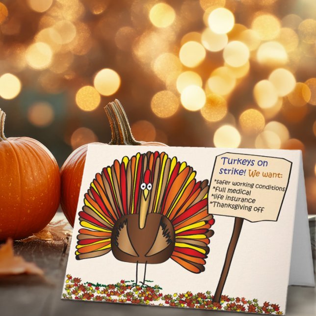 Cartes Pour Fêtes Annuelles Drôle Caricature de Thanksgiving "Turkeys on Strik (Hey, check out this funny Thanksgiving Card "Turkeys on Strike". One of our most popular cards ever!)