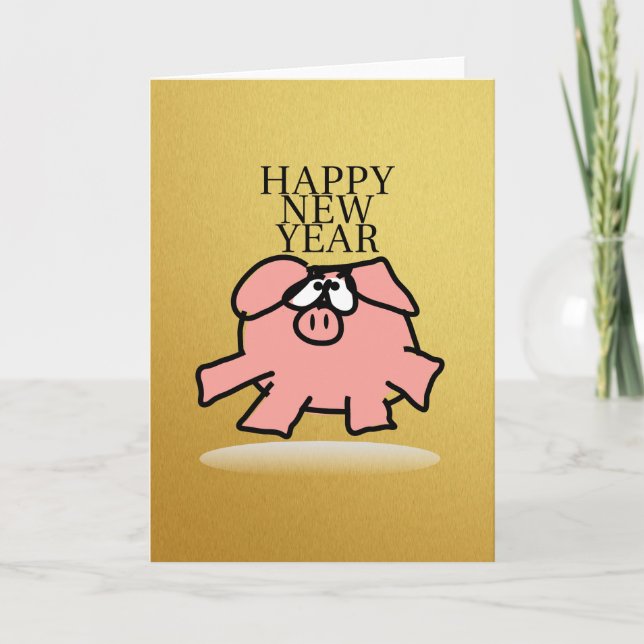 Cartes Pour Fêtes Annuelles Drôle Cartoon Pig Année Golden Greeting Card (Devant)