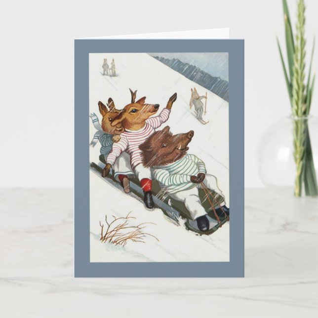 Cartes Pour Fêtes Annuelles Drôle Cerf Boar et Bunny Go Sledding (Devant)