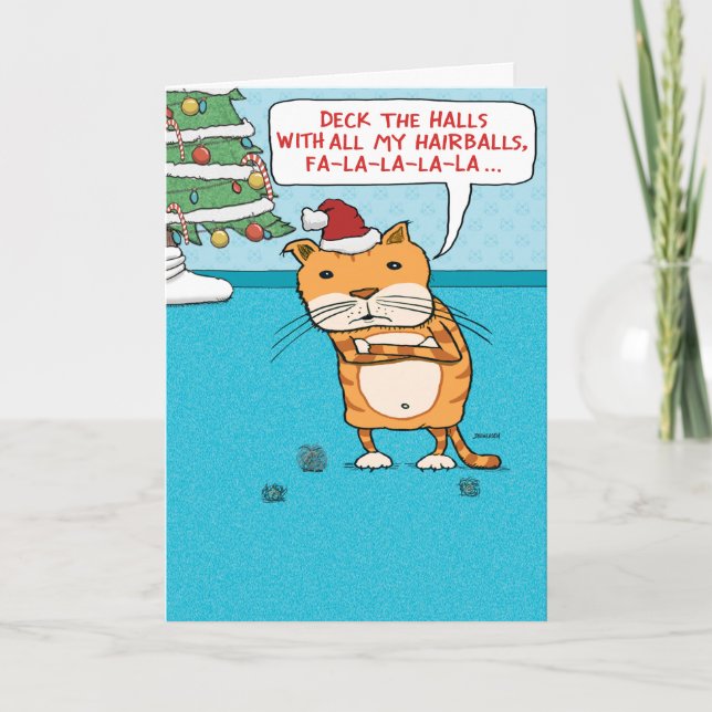 Cartes Pour Fêtes Annuelles Drôle Chat Hairballs Noël (Devant)