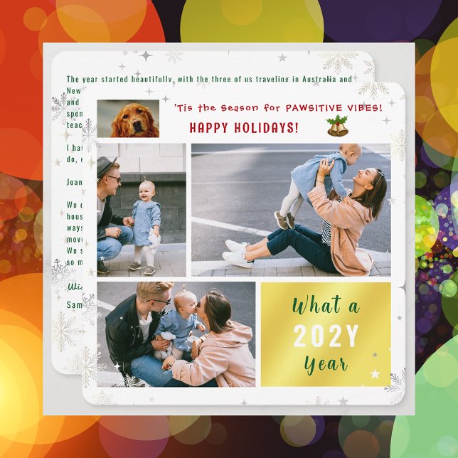 Cartes Pour Fêtes Annuelles Drôle Chien Chat 4 Photos Joyeux Vacances Pawsitiv (Elegant Golden Cute Funny Pawsitive Vibes Pet Dog Happy Holidays 4 Photos What a Year Snowflakes )