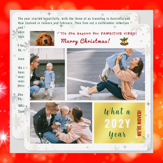 Cartes Pour Fêtes Annuelles Drôle Chien Chat 4 Photos Nouveau Accueil Nous avo (Funny dog Christmas card. Pawsitive humor. 4 Photos. We've moved letter. Elegant, modern. Snowflakes)
