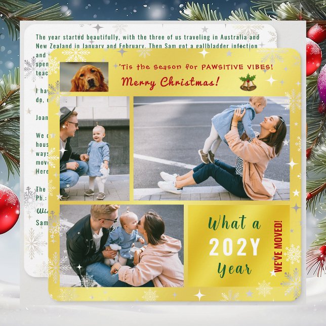 Cartes Pour Fêtes Annuelles Drôle Chien Chat 4 Photos Nouveau Accueil Nous avo (Funny dog Christmas card. Pawsitive humor. 4 Photos. We've moved letter. Elegant, golden. Snowflakes)