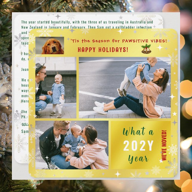Cartes Pour Fêtes Annuelles Drôle Chien Chat Nous avons Déménagé 4 Photos Élég (Funny Dog with Pawsitive Vibes We've Moved Holidays Card. 4 Photos. Elegant modern cute. Snowflakes)