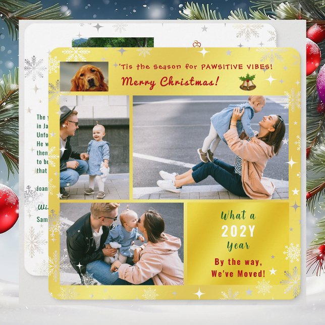 Cartes Pour Fêtes Annuelles Drôle Chien Chat Nous avons Déménagé Nouvelle Mais (Funny dog Christmas card. Pawsitive humor. 5 Photos. We've moved letter. Elegant, golden. Snowflakes)