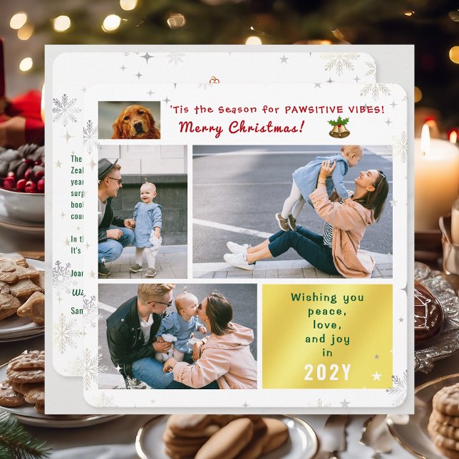 Cartes Pour Fêtes Annuelles Drôle Chien Chat Paix Amour Joie 4 Photos Collage  (Cute Elegant Funny Pet Dog 'Tis the Season Pawsitive Vibes Merry Xmas 4 Photos Snowflakes Letter)