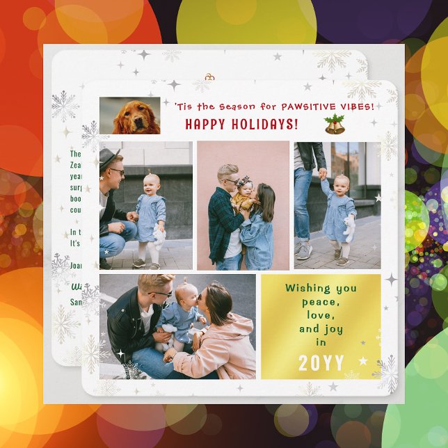 Cartes Pour Fêtes Annuelles Drôle Chien Chat Paix Amour Joie 5 Photos Mignonne (Elegant Cute Funny Pawsitive Vibes Pet Dog Happy Holidays 5 Photos Peace Love Joy Snowflakes Letter)