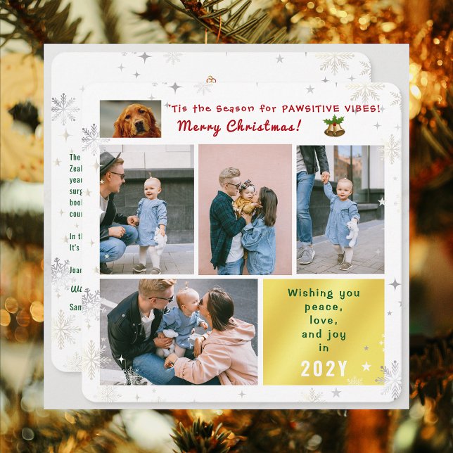 Cartes Pour Fêtes Annuelles Drôle Chien Chat Paix Amour Joie 5 Photos Mignonne (Elegant Cute Funny Pawsitive Vibes Pet Dog Christmas Card 5 Photos Peace Love Joy Snowflakes Letter)