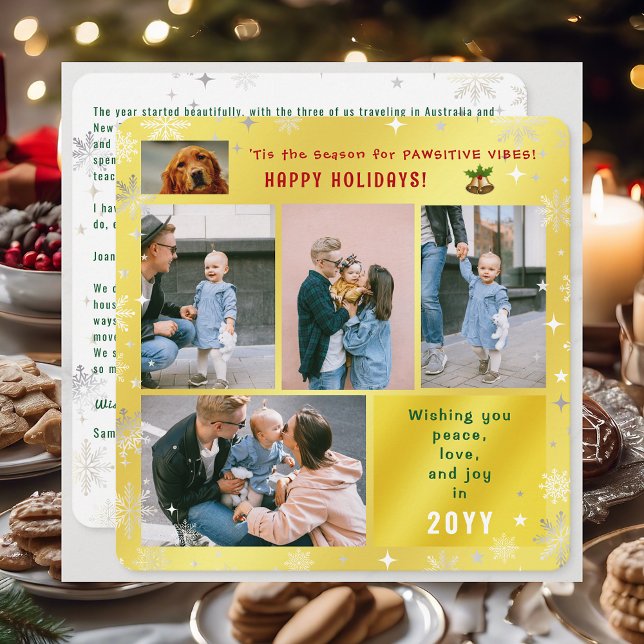 Cartes Pour Fêtes Annuelles Drôle Chien Chat Paix Amour Joie 5 Photos Mignonne (Elegant Golden Cute Funny Pawsitive Vibes Pet Dog Happy Holidays 5 Photos Peace Love Joy Snowflakes)