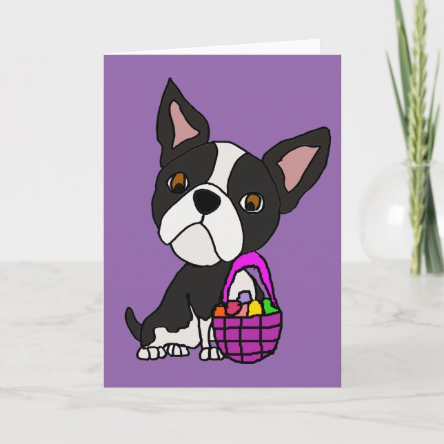 Cartes Pour Fêtes Annuelles Drôle chien de Boston Terrier avec panier de Pâque (Devant)
