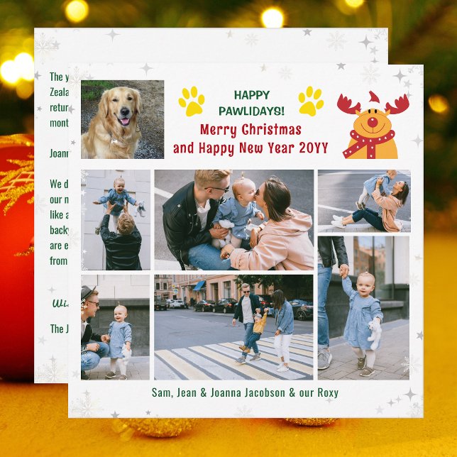 Cartes Pour Fêtes Annuelles Drôle Chien Rudolph Joyeux Pawlidays Photos Noël (Funny Happy Pawlidays Christmas Card. Dog Photo + Rudolph the Reindeer + 6 Family Photos. Snowflakes)