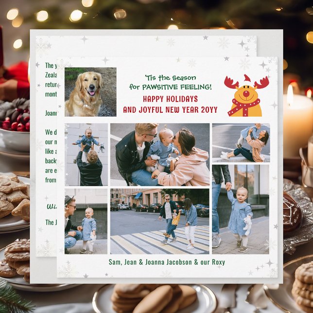 Cartes Pour Fêtes Annuelles Drôle Chien & Rudolph Joyeux Vacances Moderne 7 Ph (Cute Funny Modern Rudolph & Dog Pawsitive Happy Holidays Joyful New Year 7 Photos Snowflakes Letter)