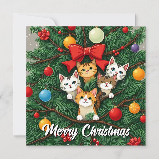 Cartes Pour Fêtes Annuelles Drôle Comic Whimsical Chat Joyeux Arbre de Noël (Devant)
