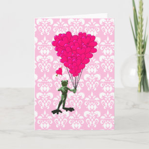 Cartes Pour Fêtes Annuelles Drôle dessin de grenouille & coeur rose sur damask