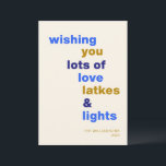 Cartes Pour Fêtes Annuelles Drôle Hanoukka Love Latkes Lights Blue Custom<br><div class="desc">Célébrez le Festival des Lumières avec un sourire en utilisant cette drôle de carte de vacances Hanoukka, avec l'expression ludique Love Latkes and Lights sur un arrière - plan bleu gai. Personnalisable et plein d'esprit festif, cette carte est parfaite pour partager la joie des vacances avec humour. Que vous envoyiez...</div>
