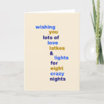 Cartes Pour Fêtes Annuelles Drôle Hanoukka Love Latkes lumières en bleu<br><div class="desc">Drôle Hanoukka Love Latkes Lights en Blue Holiday Card</div>
