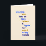 Cartes Pour Fêtes Annuelles Drôle Hanoukka Love Latkes lumières en bleu<br><div class="desc">Drôle Hanoukka Love Latkes Lights en Blue Holiday Card</div>