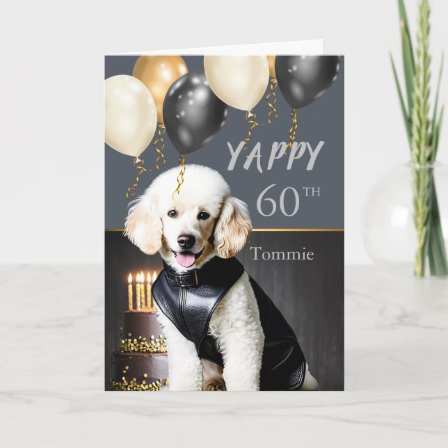 Cartes Pour Fêtes Annuelles Drôle Joyeux 60e Anniversaire Poodle blanc en cuir (Devant)