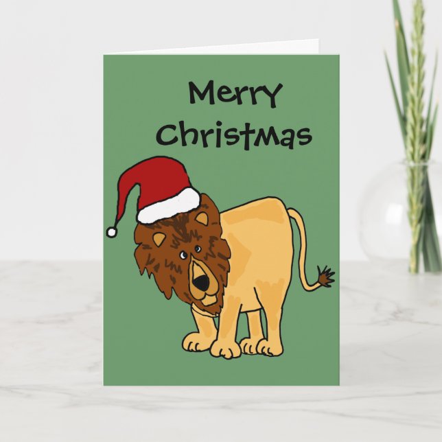 Cartes Pour Fêtes Annuelles Drôle Lion dans Santa Hat Caricature de Noël (Devant)