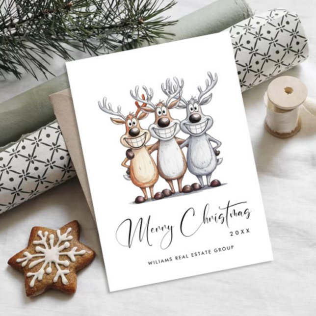 Cartes Pour Fêtes Annuelles Drôle Main dessinée Reindeers de Noël Entreprise (Créateur téléchargé)