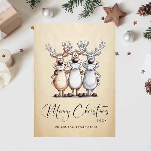 Cartes Pour Fêtes Annuelles Drôle Main dessinée Reindeers de Noël Entreprise (Créateur téléchargé)
