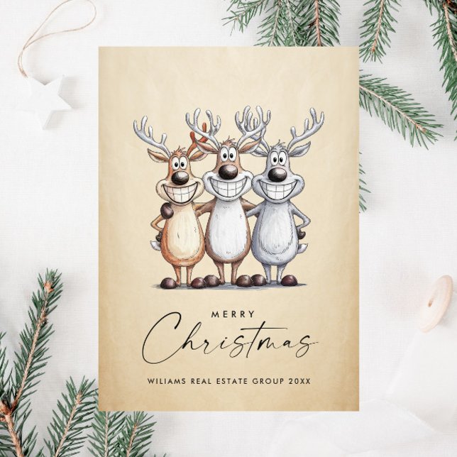 Cartes Pour Fêtes Annuelles Drôle Main dessinée Reindeers de Noël Entreprise (Créateur téléchargé)