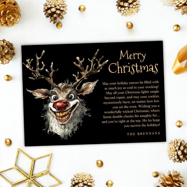 Cartes Pour Fêtes Annuelles Drôle Mal Naughty Reindeer Joyeux Noël (Funny Evil Naughty Reindeer Wicked Merry Christmas Holiday Card)