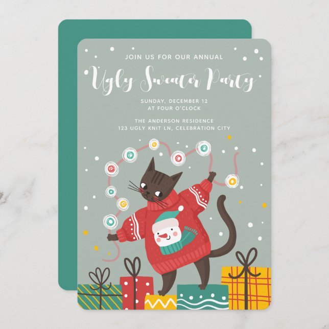 Cartes Pour Fêtes Annuelles Drôle mignon chat laide fête de Noël (Devant / Derrière)