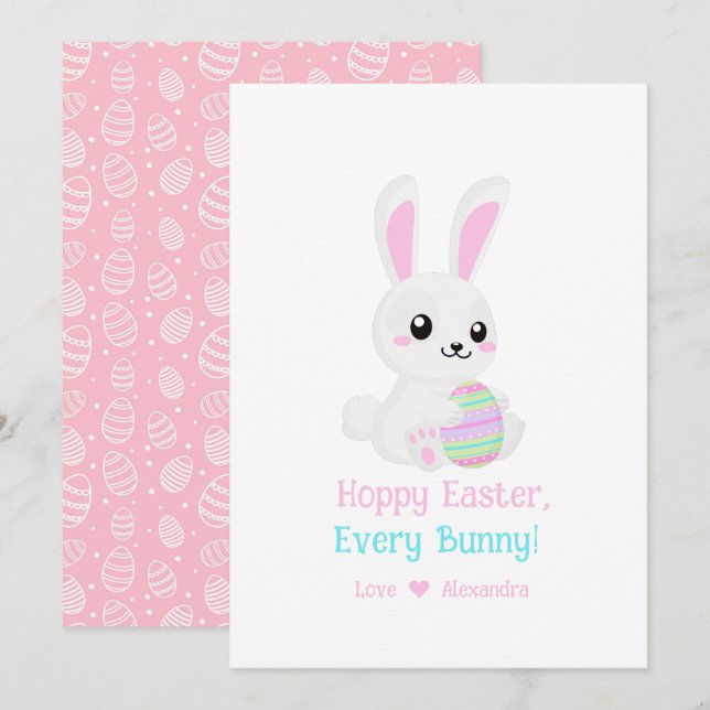 Cartes Pour Fêtes Annuelles Drôle mignon Pâques Hoppy Chaque Bunny rose (Devant / Derrière)
