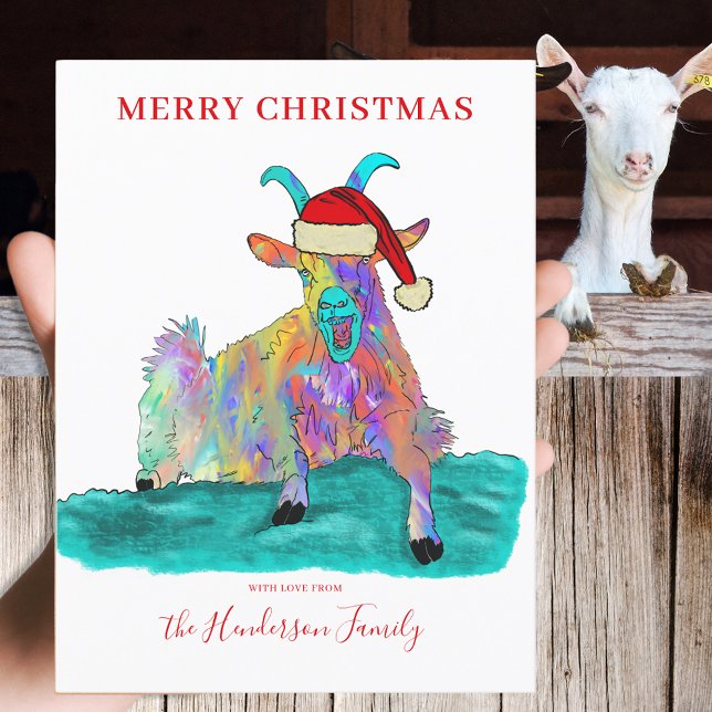 Cartes Pour Fêtes Annuelles Drôle Noël criant budget de chèvre (Funny Christmas screaming goat wearing a Santa hat custom holiday greetings card colorful animal art)