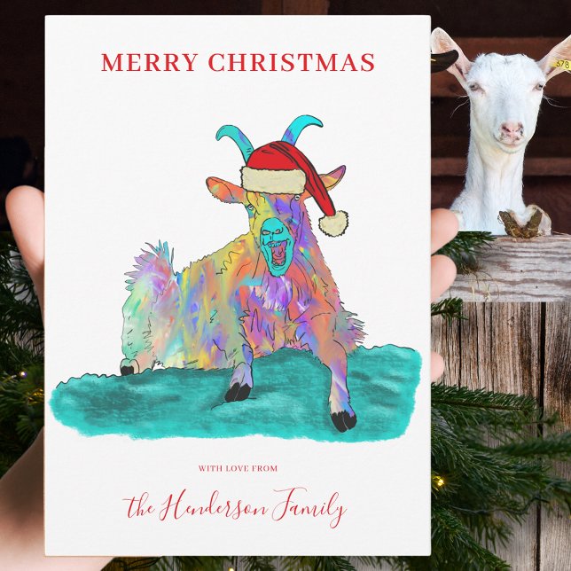 Cartes Pour Fêtes Annuelles Drôle Noël hurlant chèvre portant un chapeau de Pè (Funny Christmas screaming goat wearing a Santa hat custom holiday greetings card colour animal art)