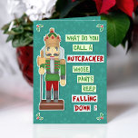 Cartes Pour Fêtes Annuelles Drôle Noir Casse-Noeud Silly Fête Plaisanterie<br><div class="desc">Comment appelez-vous un casse-noix dont le pantalon continue à tomber ? Un biscuit ! Ces cartes de voeux idiotes de Noël comprennent des dessins originaux de dessins animés, des embellissements d'angle de carreaux et un arrière - plan de flocon de neige. Ils vont vraiment "craquer" vos amis et votre famille...</div>