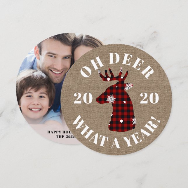 Cartes Pour Fêtes Annuelles Drôle Oh Deer 2020 Plaid Burlap Photo (Devant / Derrière)