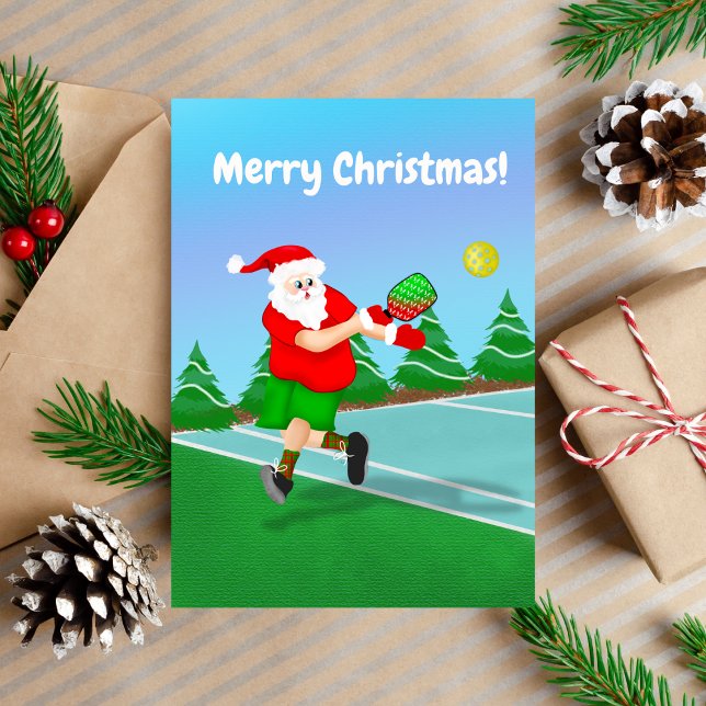 Cartes Pour Fêtes Annuelles Drôle Père Noël Jouer au Pickleball Joyeux Noël (Christmas Pickleball with Santa.)