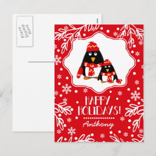 Cartes Pour Fêtes Annuelles Drôle Petits Pingouins   Nom personnalisé Noël