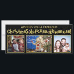 Cartes Pour Fêtes Annuelles Drôle Politiquement Correct 3 Photo Noir & Or<br><div class="desc">Cette carte de vœux drôle et politiquement correcte couvre toutes les possibilités. Le message se lit comme suit : "Tous nos vœux pour un ChristmaSolsticHanukKwanzaa fabuleux !" - mélangeant les mots Noël Solstice, Hanouka et Kwanzaa en un seul long mot. Le texte est écrit dans une police dorée fantaisiste sur...</div>