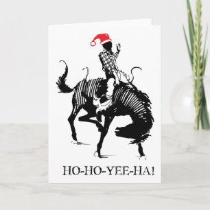 Cartes Pour Fêtes Annuelles Drôle rodéo de Noël Père Noël sur cheval noir