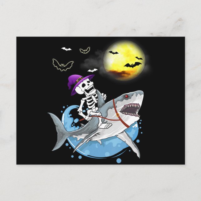 Cartes Pour Fêtes Annuelles Drôle Skeleton équitation Requin Halloween Garçons (Devant)